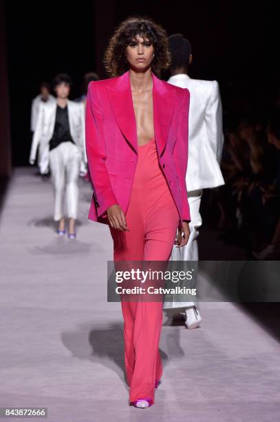 Model walks the runway at the Tom Ford Spring Summer 2018 fashion show during New York Fashion Week on September 6, 2017 in New York, United States.