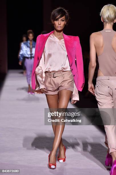 Model walks the runway at the Tom Ford Spring Summer 2018 fashion show during New York Fashion Week on September 6, 2017 in New York, United States.