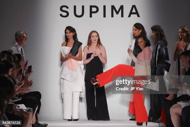 Winner Alyssa Wardrop, FIT, June Ambrose, and Buxton Midyette attend Supima Design Competition SS18 runway show during New York Fashion Week at Pier...