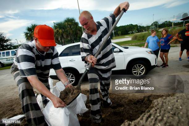 Inmate trustees from the Brevard County Jail work to fill and load sandbags for residents as people in the area prepare ahead of Hurricane Irma on...