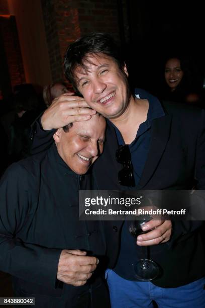Stylist Azzedine Alaia and artist Adel Abdessemed attend the "Richard Wentworth a la Maison Alaia" Exhibition Opening at Azzedine Alaia Gallery on...