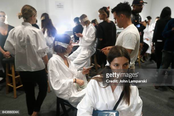 Models prepare backstage during the Noon By Noor September 2017, New York Fashion Week: The Shows at Gallery 3, Skylight Clarkson Sq on September 7,...