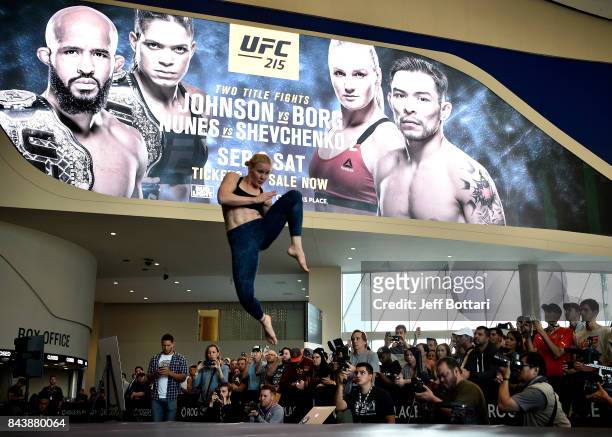 Valentina Shevchenko of Kyrgyzstan holds an open workout session for fans and media at Rogers Place on September 7, 2017 in Edmonton, Alberta, Canada.