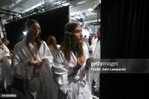 Models prepare backstage during the Noon By Noor September 2017, New York Fashion Week: The Shows at Gallery 3, Skylight Clarkson Sq on September 7,...