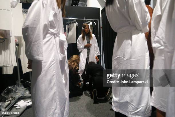 Models prepare backstage during the Noon By Noor September 2017, New York Fashion Week: The Shows at Gallery 3, Skylight Clarkson Sq on September 7,...