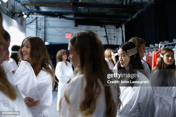 Models prepare backstage during the Noon By Noor September 2017, New York Fashion Week: The Shows at Gallery 3, Skylight Clarkson Sq on September 7,...