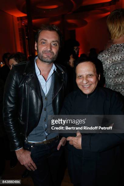 Journalist Augustin Trapenard and stylist Azzedine Alaia attend the "Richard Wentworth a la Maison Alaia" Exhibition Opening at Azzedine Alaia...
