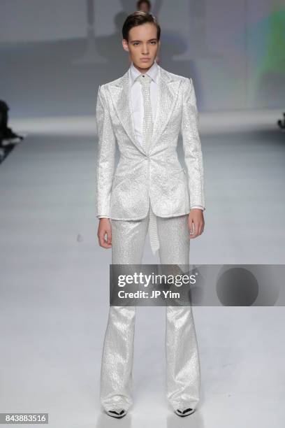 Model walks the runway at the Malan Breton SS18 during New York Fashion Week at Intrepid on September 7, 2017 in New York City.