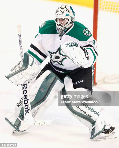 Goaltender Jhonas Enroth of the Dallas Stars plays in the game against the Florida Panthers at BB&T Center on March 5, 2015 in Sunrise, Florida.