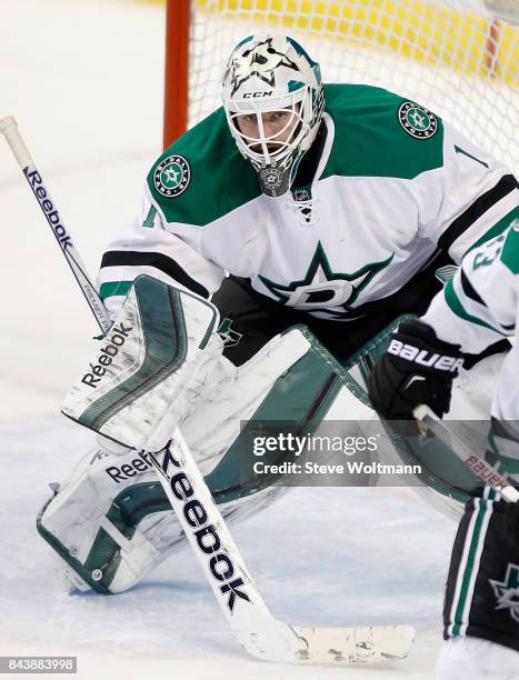 Goaltender Jhonas Enroth of the Dallas Stars plays in the game against the Florida Panthers at BB&T Center on March 5, 2015 in Sunrise, Florida.