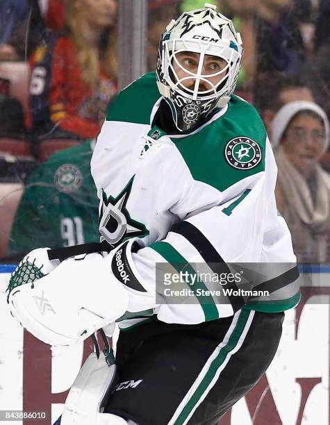 Goaltender Jhonas Enroth of the Dallas Stars plays in the game against the Florida Panthers at BB&T Center on March 5, 2015 in Sunrise, Florida.