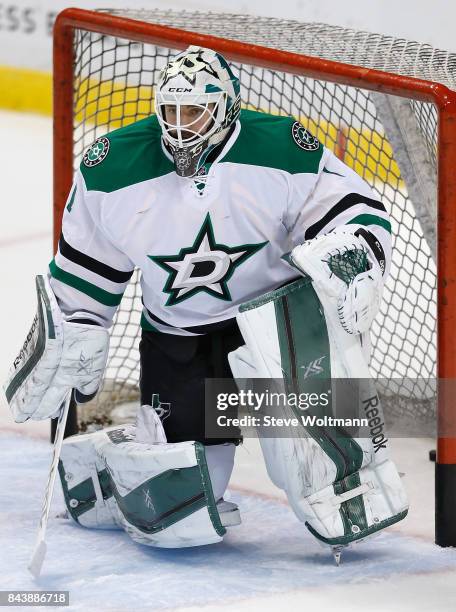 Goaltender Jhonas Enroth of the Dallas Stars plays in the game against the Florida Panthers at BB&T Center on March 5, 2015 in Sunrise, Florida.