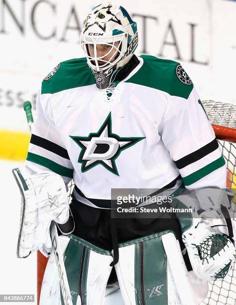 Goaltender Jhonas Enroth of the Dallas Stars warms up before the game against the Florida Panthers at BB&T Center on March 5, 2015 in Sunrise,...