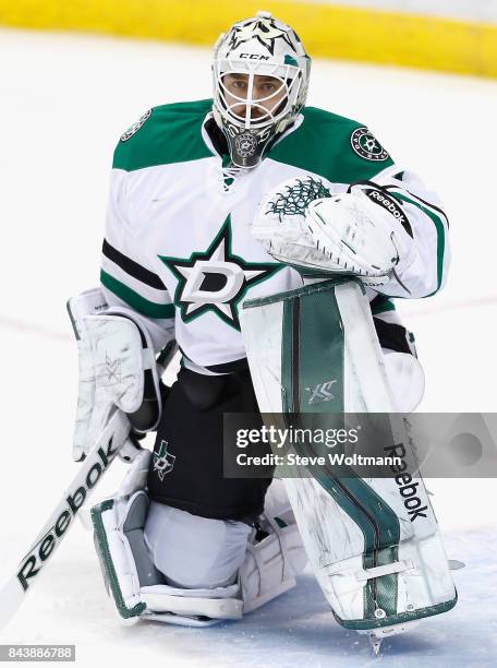 Goaltender Jhonas Enroth of the Dallas Stars warms up before the game against the Florida Panthers at BB&T Center on March 5, 2015 in Sunrise,...