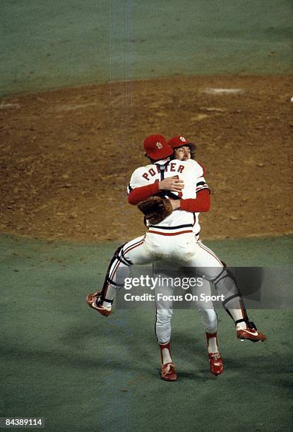 St Louis Cardinal catcher Darrell Porter jumps into the arms of pitcher Bruce Sutter after the Cardinal defeat the Milwaukee Brewers in game seven to...