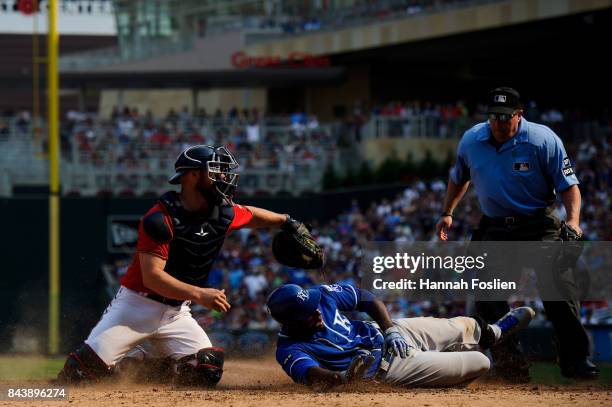 Lorenzo Cain of the Kansas City Royals is out as Chris Gimenez of the Minnesota Twins defends home plate during the game on September 3, 2017 at...