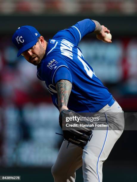 Peter Moylan of the Kansas City Royals delivers a pitch against the Minnesota Twins during the game on September 3, 2017 at Target Field in...