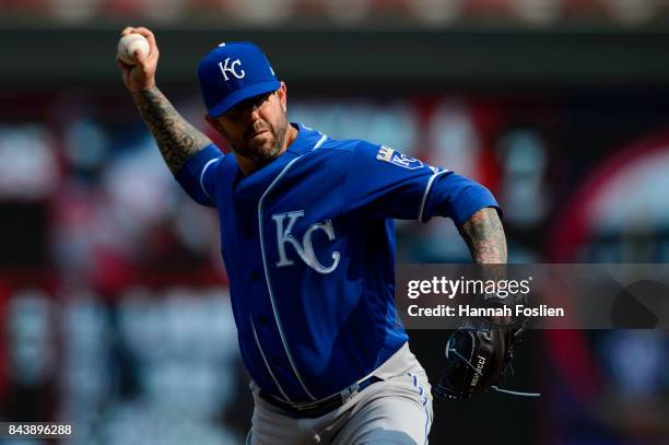 Peter Moylan of the Kansas City Royals delivers a pitch against the Minnesota Twins during the game on September 3, 2017 at Target Field in...