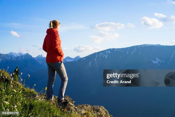 jonge vrouw wandelen - rood jak stockfoto's en -beelden