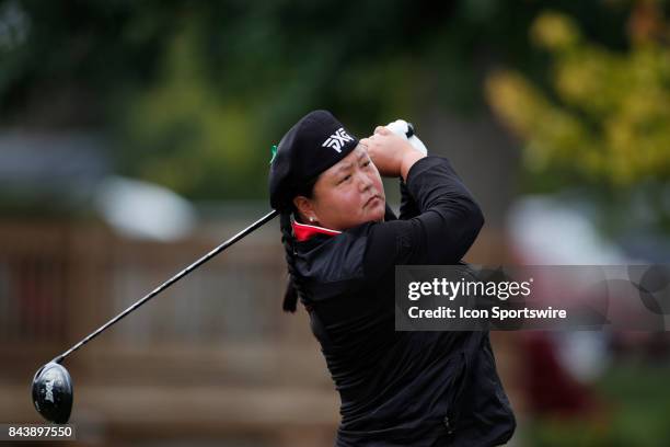 Golfer Christina Kim tees off on the 9th hole during the first round of the Indy Women In Tech on September 7, 2017 at the Brickyard Crossing Golf...