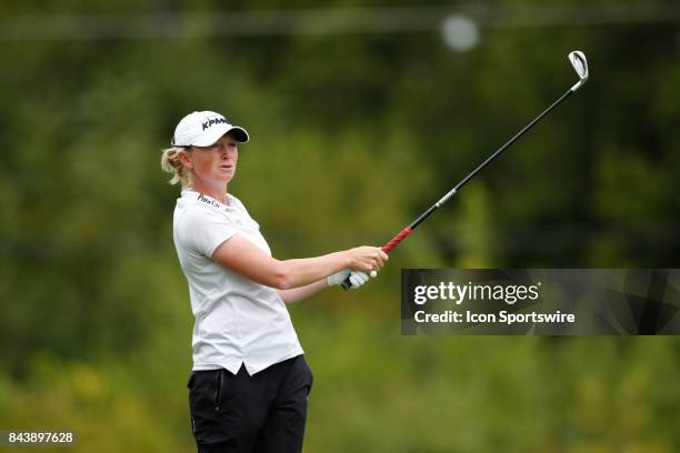 Golfer Stacy Lewis tees off on the 7th hole during the first round of the Indy Women In Tech on September 7, 2017 at the Brickyard Crossing Golf Club...