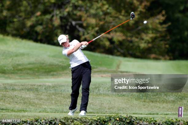 Golfer Stacy Lewis tees off on the 8th hole during the first round of the Indy Women In Tech on September 7, 2017 at the Brickyard Crossing Golf Club...