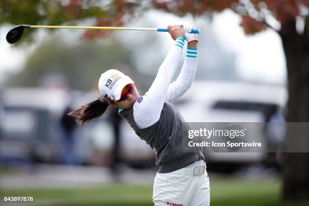 Golfer Mi Hyang Lee tees off on the 9th hole during the first round of the Indy Women In Tech on September 7, 2017 at the Brickyard Crossing Golf...