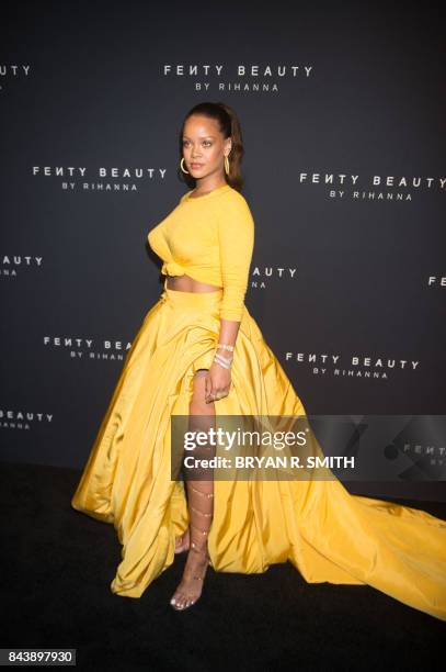 Rihanna arrives to celebrate the launch of her beauty brand, Fenty Beauty by Rihanna, on September 7, 2017 in New York.