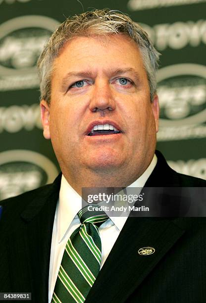 Rex Ryan addresses the media during a press conference announcing Ryan as the new Head Coach of the New York Jets at the Atlantic Health Jets...