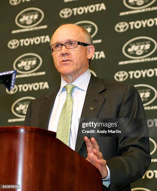 New York Jets owner Woody Johnson addresses the media during a press conference announcing Rex Ryan as the new Head Coach of the New York Jets at the...