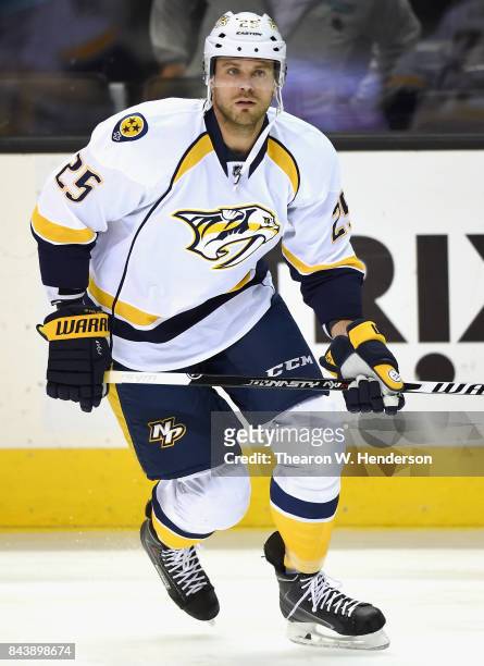 Viktor Stalberg of the Nashville Predators warms up before the game against the San Jose Sharks at SAP Center on March 12, 2015 in San Jose,...