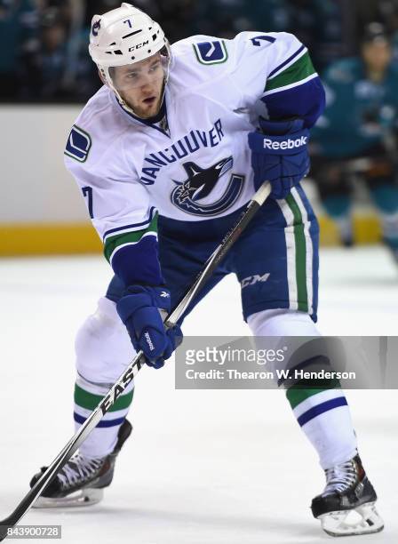 Linden Vey of the Vancouver Canucks plays in the game against the San Jose Sharks at SAP Center on March 7, 2015 in San Jose, California.