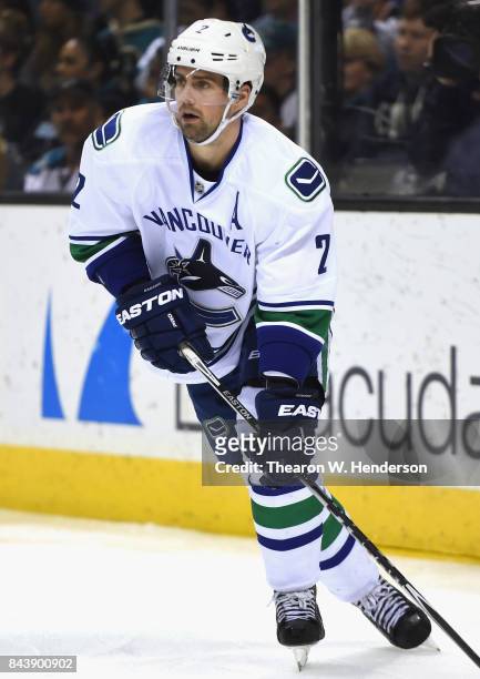Linden Vey of the Vancouver Canucks plays in the game against the San Jose Sharks at SAP Center on March 7, 2015 in San Jose, California.