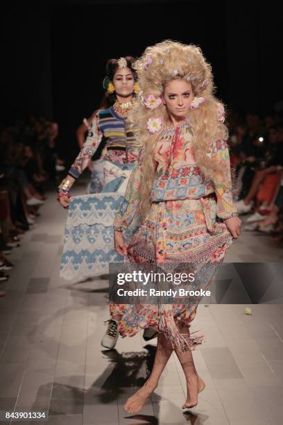 Model walks the runway for Desigual fashion show during New York Fashion Week at Gallery 1, Skylight Clarkson Sq on September 7, 2017 in New York...