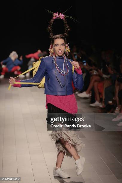 Model walks the runway for Desigual fashion show during New York Fashion Week at Gallery 1, Skylight Clarkson Sq on September 7, 2017 in New York...