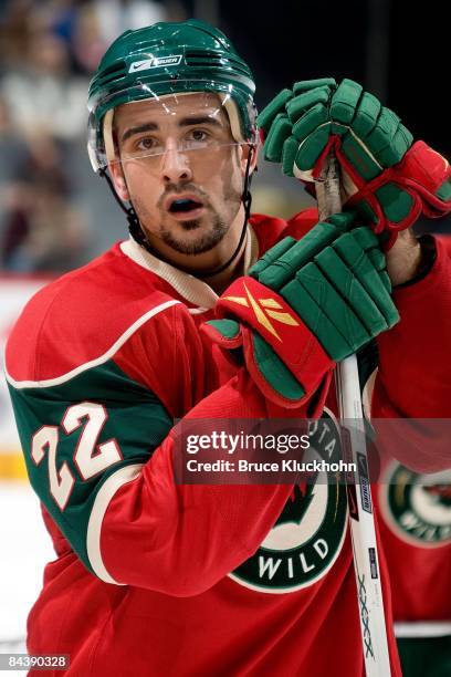 Cal Clutterbuck of the Minnesota Wild waits for play to resume during a stoppage against the Anaheim Ducks during the game at the Xcel Energy Center...