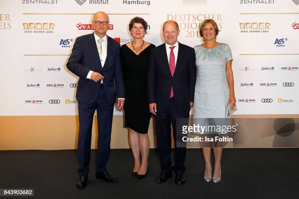 Joachim Knuth, Frauke Gerlach, Olaf Scholz and Britta Ernst attend the 'Deutscher Radiopreis' at Elbphilharmonie on September 7, 2017 in Hamburg,...