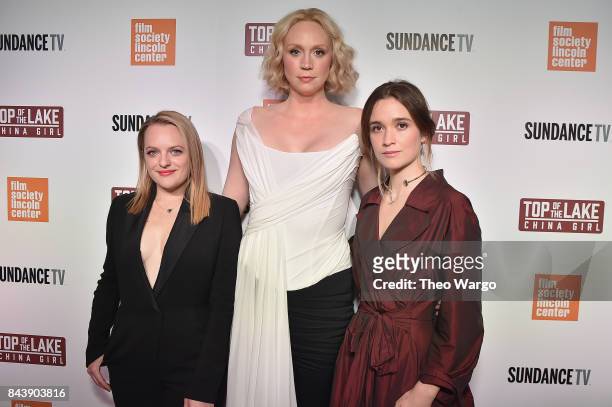 Elisabeth Moss, Gwendoline Christie and Alice Englert attend "Top Of The Lake China Girl" Premiere at Walter Reade Theater on September 7, 2017 in...