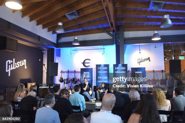 Eddie Trunk, Eric Kretz, Dean DeLeo and Robert DeLeo speak at SiriusXM's Town Hall with Stone Temple Pilots at The Gibson Showroom in Los Angeles on...