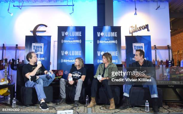 Eddie Trunk, Eric Kretz, Dean DeLeo and Robert DeLeo speak at SiriusXM's Town Hall with Stone Temple Pilots at The Gibson Showroom in Los Angeles on...