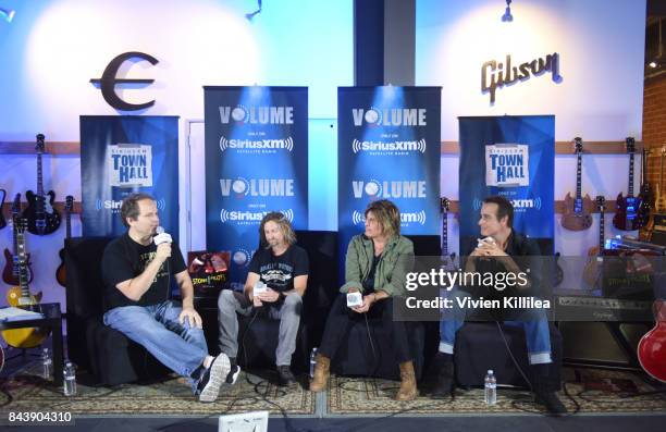 Eddie Trunk, Eric Kretz, Dean DeLeo and Robert DeLeo speak at SiriusXM's Town Hall with Stone Temple Pilots at The Gibson Showroom in Los Angeles on...