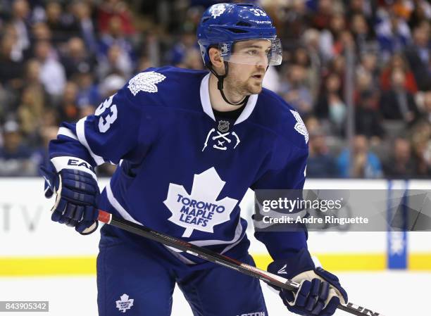 Tim Erixon of the Toronto Maple Leafs plays in the game against the Buffalo Sabres at the Air Canada Center on March 11, 2015 in Toronto, Ontario,...