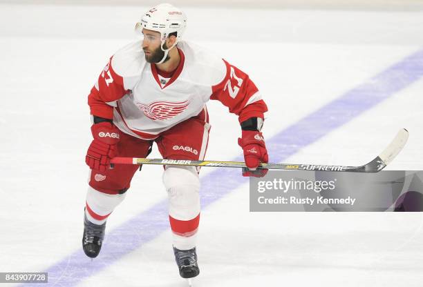 Kyle Quincey of the Detroit Red Wings plays in the game against the Philadelphia Flyers at the Wells Fargo Center on March 14, 2015 in Philadelphia,...