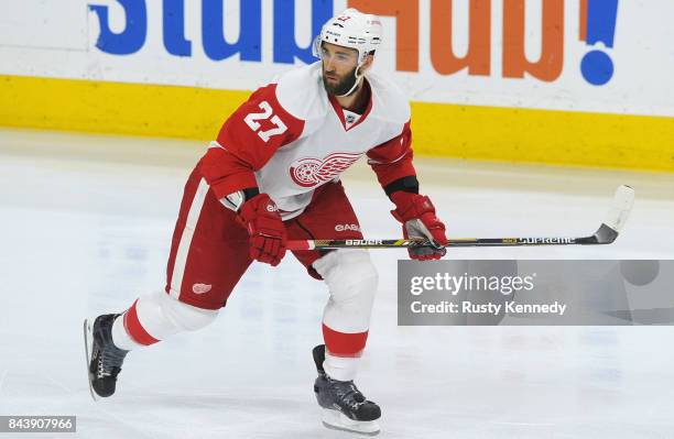 Kyle Quincey of the Detroit Red Wings plays in the game against the Philadelphia Flyers at the Wells Fargo Center on March 14, 2015 in Philadelphia,...