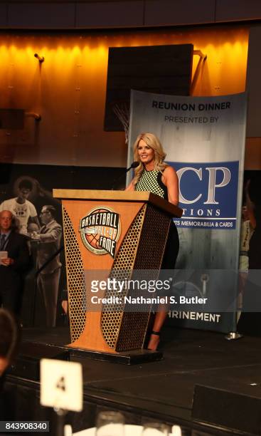 Stacy Sager speaks on behalf of her husband Craig Sager after winning the Electronic Media Award at the Bunn-Gowdy Awards Dinner as part of the 2017...
