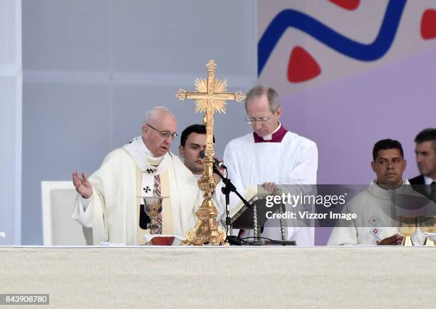 Pope Francis during a mass at Simon Bolivar park as part of his apostolic 5-day visit to Colombia, on September 07, 2017 in Bogota, Colombia.