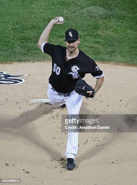Starting pitcher Mike Pelfrey of the Chicago White Sox delivers the ball against the Cleveland Indians at Guaranteed Rate Field on September 7, 2017...