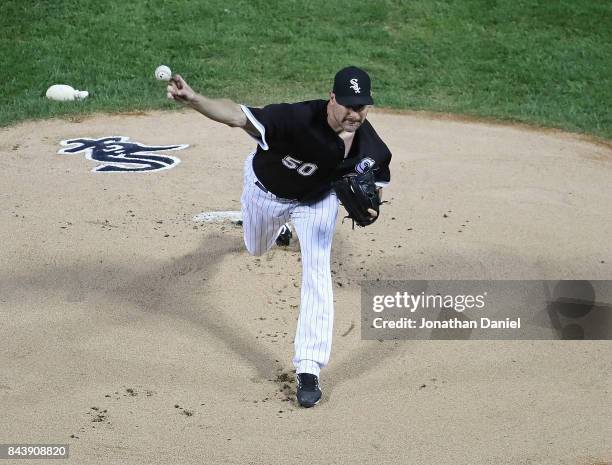 Starting pitcher Mike Pelfrey of the Chicago White Sox delivers the ball against the Cleveland Indians at Guaranteed Rate Field on September 7, 2017...