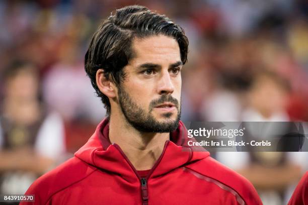September 02: Isco of Spain on the line up at the start of the FIFA World Cup qualifying match between Spain and Italy at the Santiago Bernabéu...
