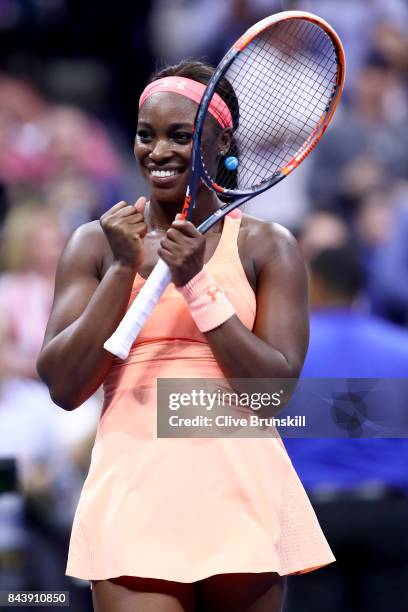 Sloane Stephens of the United States celebrates after defeating Venus Williams of the United States in their Women's Singles Semifinal match on Day...